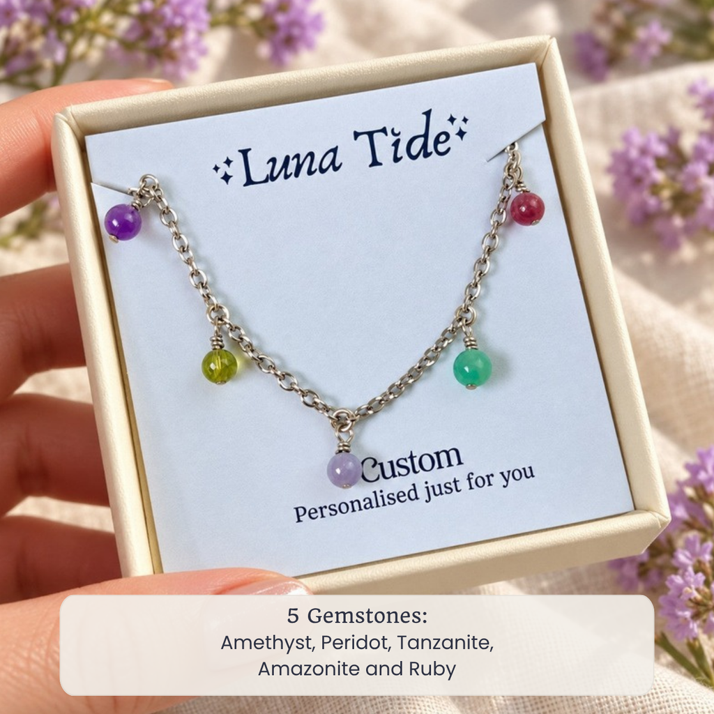 Custom boho bead drop charm bracelet with Amethyst, Peridot, Tanzanite, Amazonite and Ruby in a Luna Tide gift box