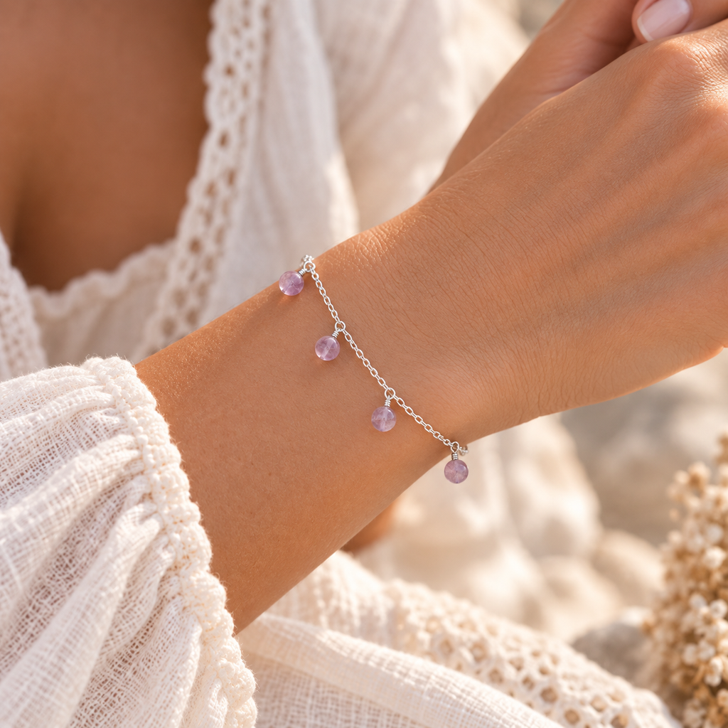 Pink Amethyst Boho Gemstone Bead Drop Charm Bracelet