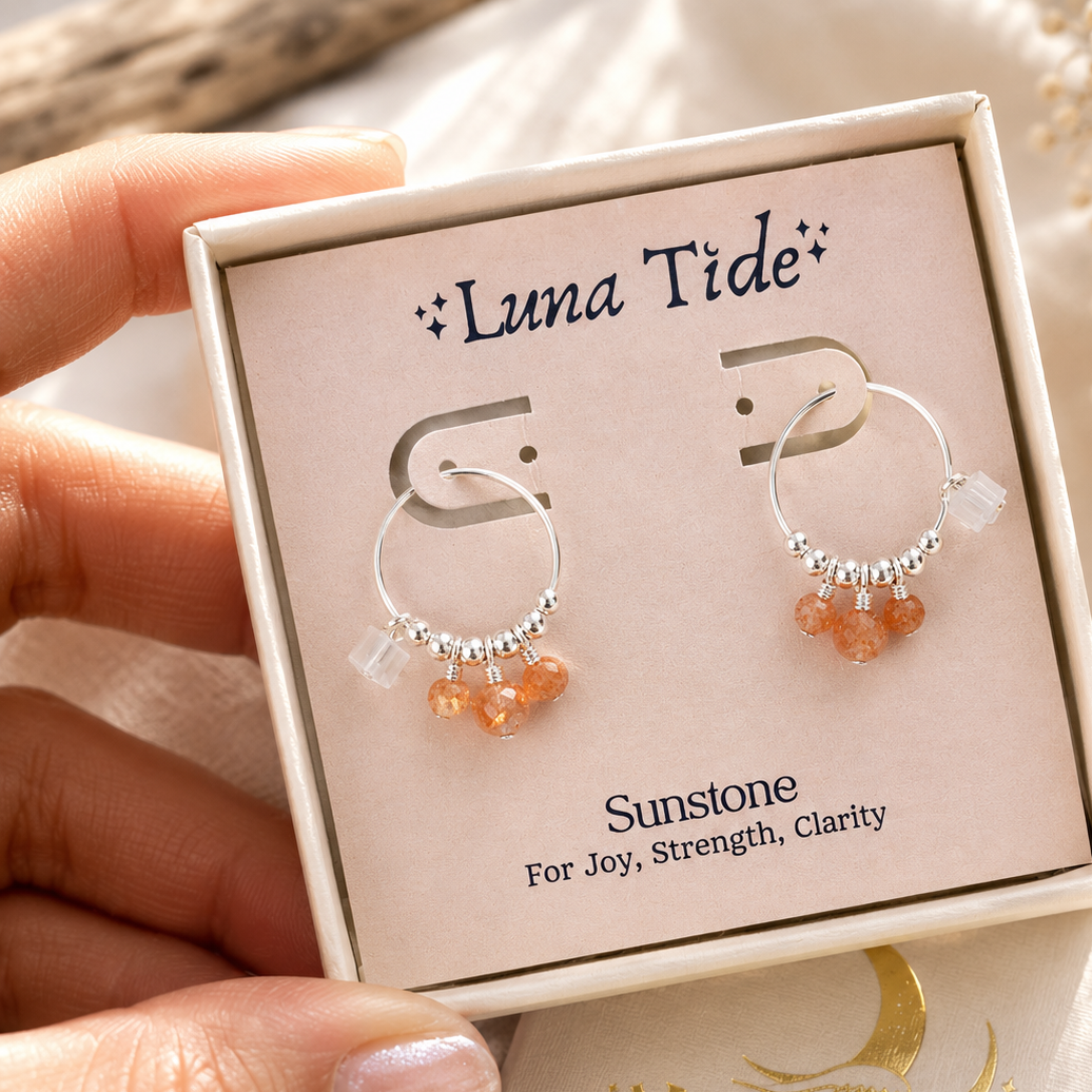 Orange Sunstone Gemstone Bead Drop Hoop Earrings