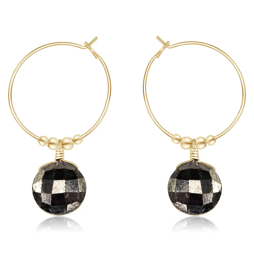 Faceted Pyrite Crystal Circle Dangle Hoop Earrings