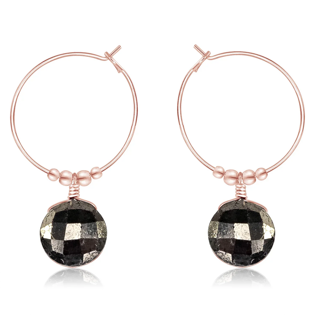 Faceted Pyrite Crystal Circle Dangle Hoop Earrings