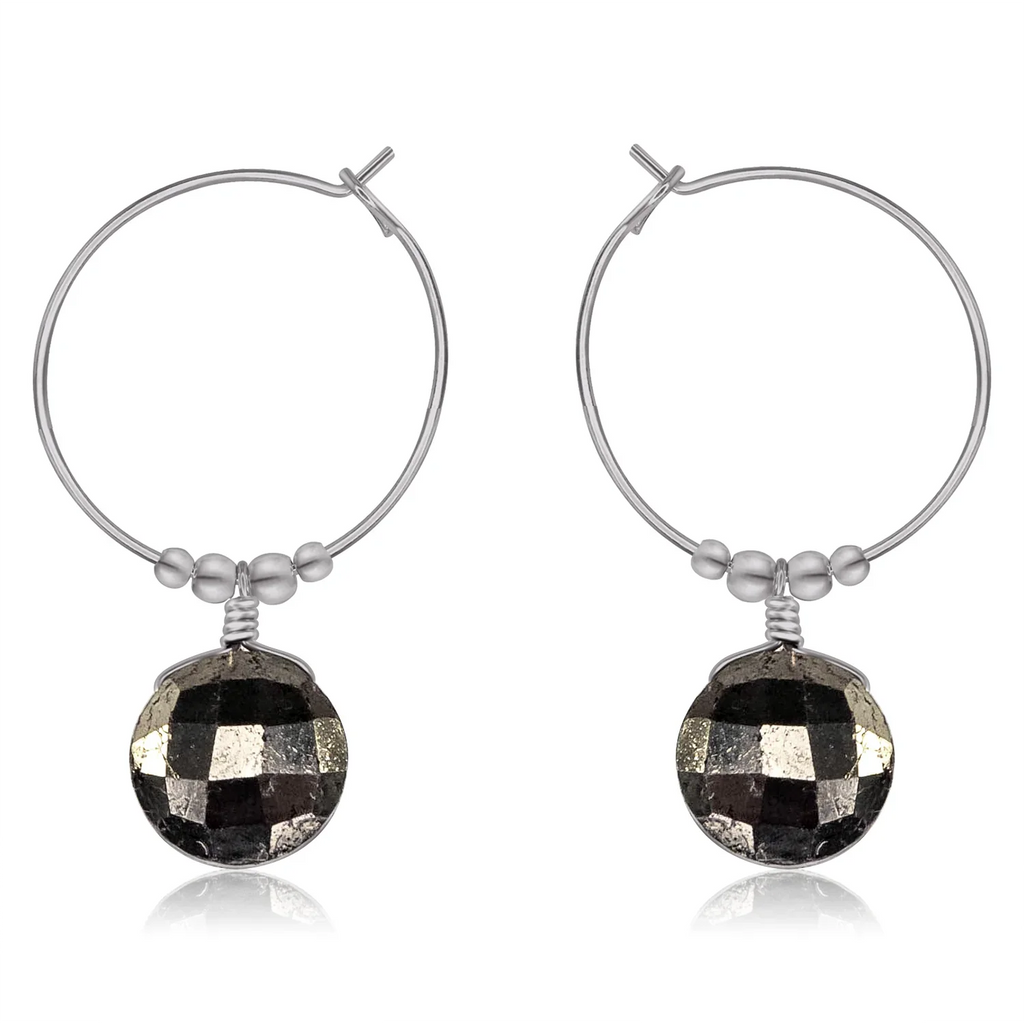 Faceted Pyrite Crystal Circle Dangle Hoop Earrings