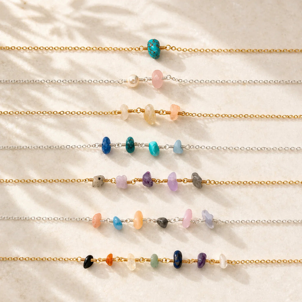 Custom Gemstone Beaded Chain Necklace - Custom Gemstone Beaded Chain Necklace - 14k Gold Fill / 30cm (12") - Choker - Luna Tide Handmade Crystal Jewellery