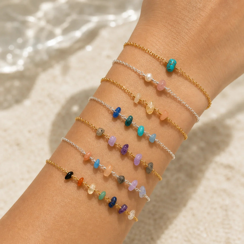 Custom Gemstone Beaded Chain Bracelet - Custom Gemstone Beaded Chain Bracelet - 14k Gold Fill / M 15-20cm (6-8") - Standard - Luna Tide Handmade Crystal Jewellery