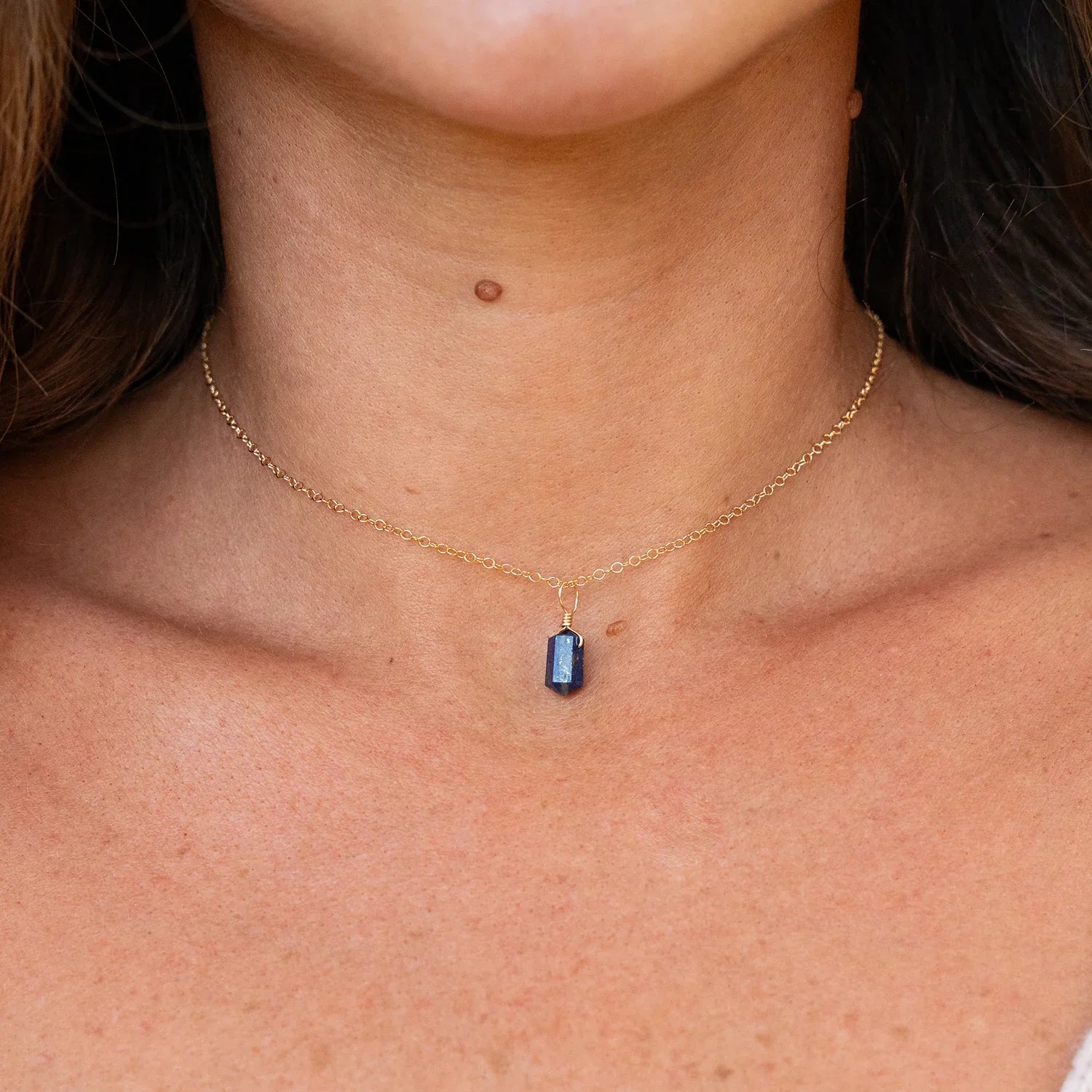 Lapis Lazuli Mini Double Terminated Crystal Point Pendant Choker Necklace