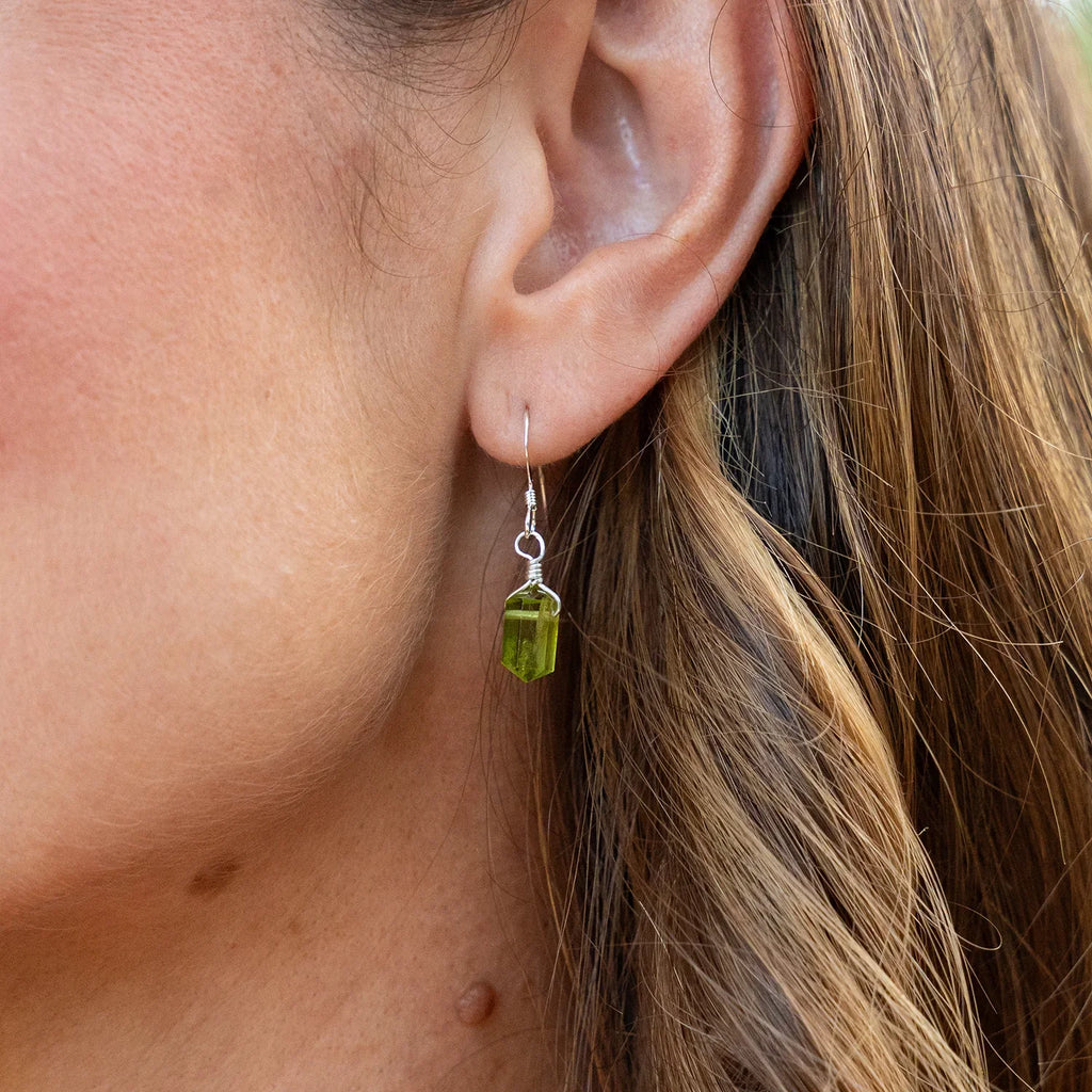 Peridot Mini Double Terminated Crystal Point Dangle Drop Earrings