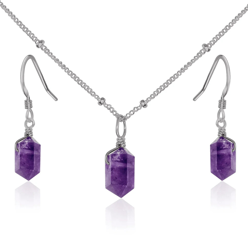 Amethyst Double Terminated Crystal Jewellery Set - Amethyst Double Terminated Crystal Jewellery Set - Stainless Steel / Necklace & Earrings / Satellite - Luna Tide Handmade Crystal Jewellery