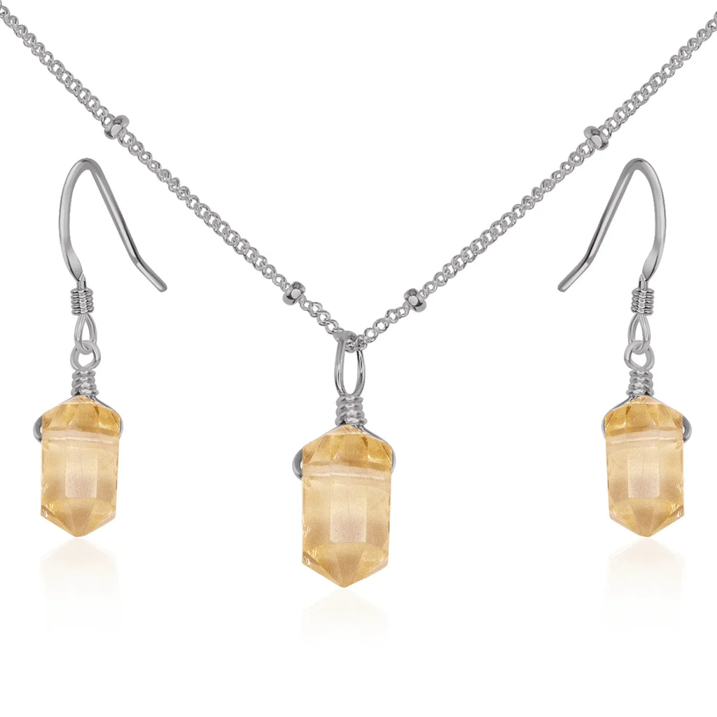 Citrine Double Terminated Crystal Jewellery Set - Citrine Double Terminated Crystal Jewellery Set - Stainless Steel / Necklace & Earrings / Satellite - Luna Tide Handmade Crystal Jewellery