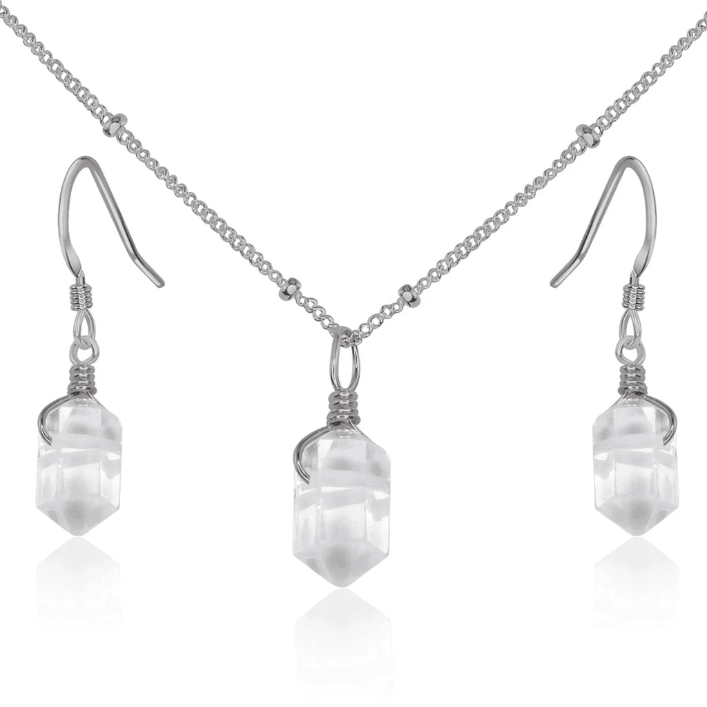 Crystal Quartz Double Terminated Jewellery Set - Crystal Quartz Double Terminated Jewellery Set - Stainless Steel / Necklace & Earrings / Satellite - Luna Tide Handmade Crystal Jewellery
