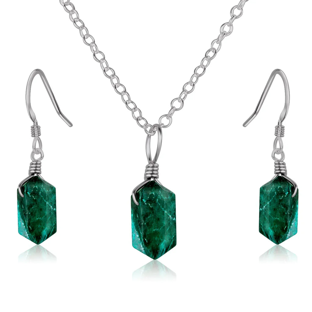 Emerald Double Terminated Crystal Jewellery Set - Emerald Double Terminated Crystal Jewellery Set - Stainless Steel / Necklace & Earrings / Cable - Luna Tide Handmade Crystal Jewellery
