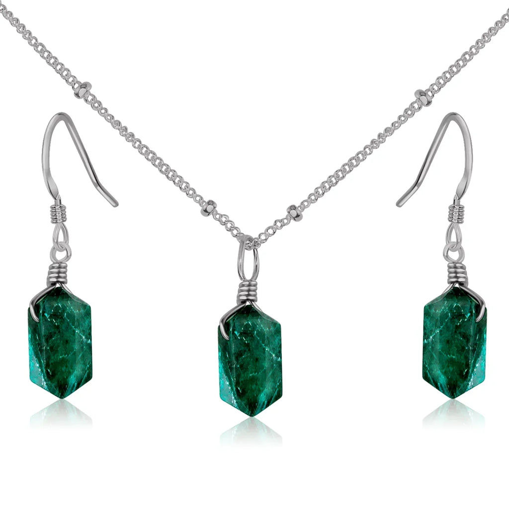 Emerald Double Terminated Crystal Jewellery Set - Emerald Double Terminated Crystal Jewellery Set - Stainless Steel / Necklace & Earrings / Satellite - Luna Tide Handmade Crystal Jewellery