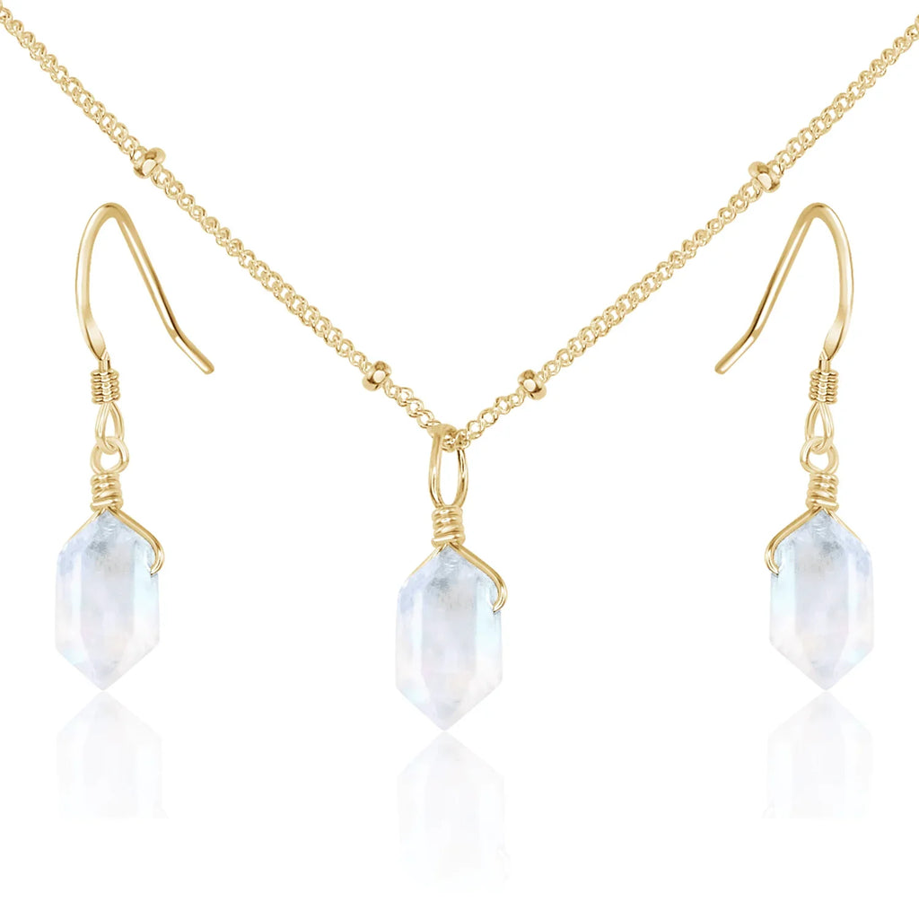 Rainbow Moonstone Double Terminated Crystal Jewellery Set - Rainbow Moonstone Double Terminated Crystal Jewellery Set - 14k Gold Fill / Necklace & Earrings / Satellite - Luna Tide Handmade Crystal Jewellery