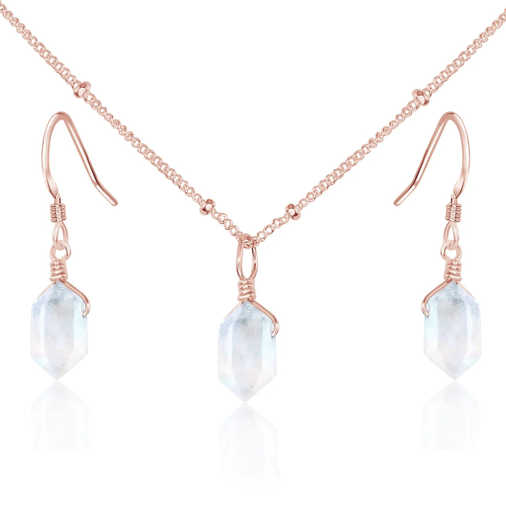 Rainbow Moonstone Double Terminated Crystal Jewellery Set - Rainbow Moonstone Double Terminated Crystal Jewellery Set - 14k Rose Gold Fill / Necklace & Earrings / Satellite - Luna Tide Handmade Crystal Jewellery