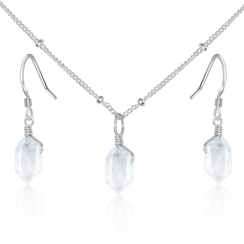 Rainbow Moonstone Double Terminated Crystal Jewellery Set - Rainbow Moonstone Double Terminated Crystal Jewellery Set - Sterling Silver / Necklace & Earrings / Satellite - Luna Tide Handmade Crystal Jewellery