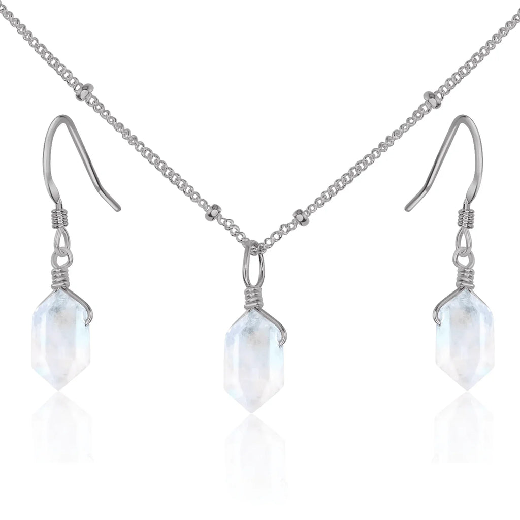 Rainbow Moonstone Double Terminated Crystal Jewellery Set - Rainbow Moonstone Double Terminated Crystal Jewellery Set - Stainless Steel / Necklace & Earrings / Satellite - Luna Tide Handmade Crystal Jewellery