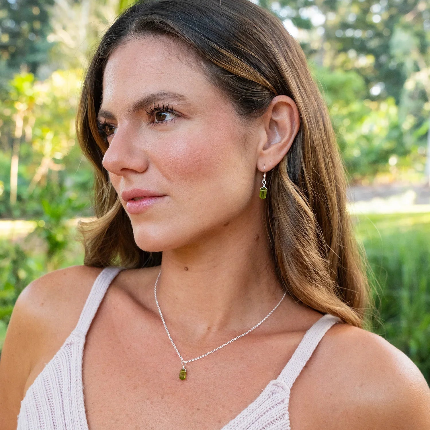 Peridot Mini Double Terminated Crystal Point Dangle Drop Earrings