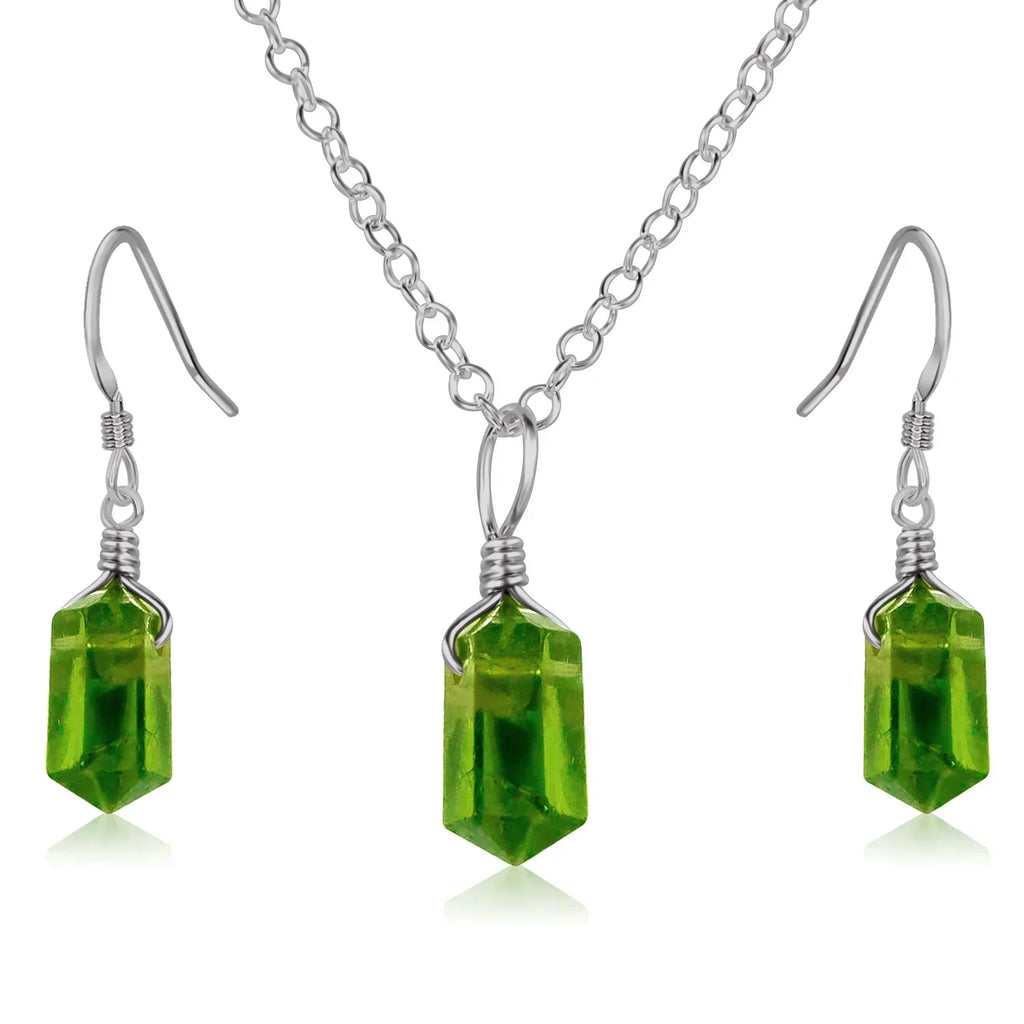 Peridot Double Terminated Crystal Jewellery Set - Peridot Double Terminated Crystal Jewellery Set - Stainless Steel / Necklace & Earrings / Cable - Luna Tide Handmade Crystal Jewellery