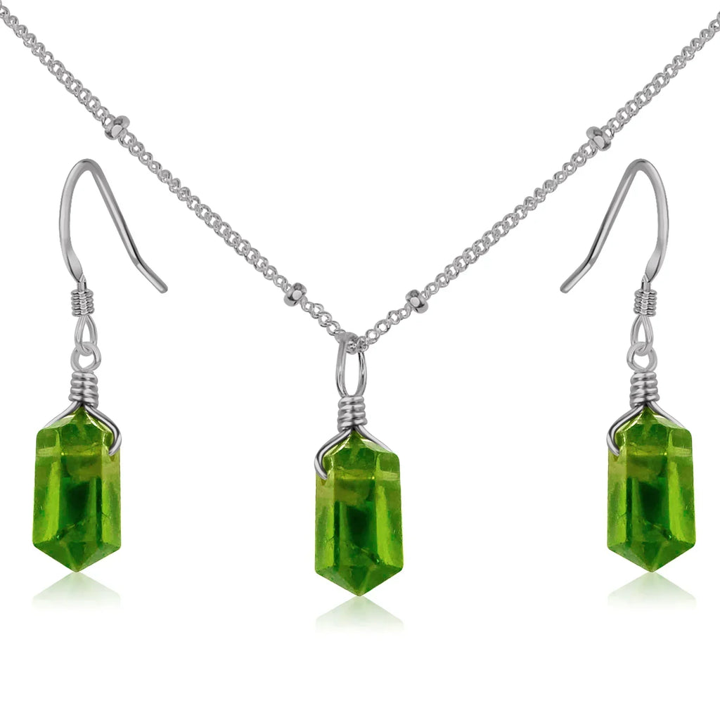 Peridot Double Terminated Crystal Jewellery Set - Peridot Double Terminated Crystal Jewellery Set - Stainless Steel / Necklace & Earrings / Satellite - Luna Tide Handmade Crystal Jewellery