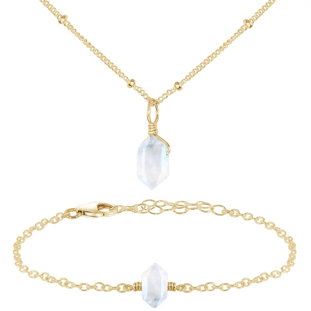 Rainbow Moonstone Double Terminated Crystal Jewellery Set - Rainbow Moonstone Double Terminated Crystal Jewellery Set - 14k Gold Fill / Necklace & Bracelet / Satellite - Luna Tide Handmade Crystal Jewellery