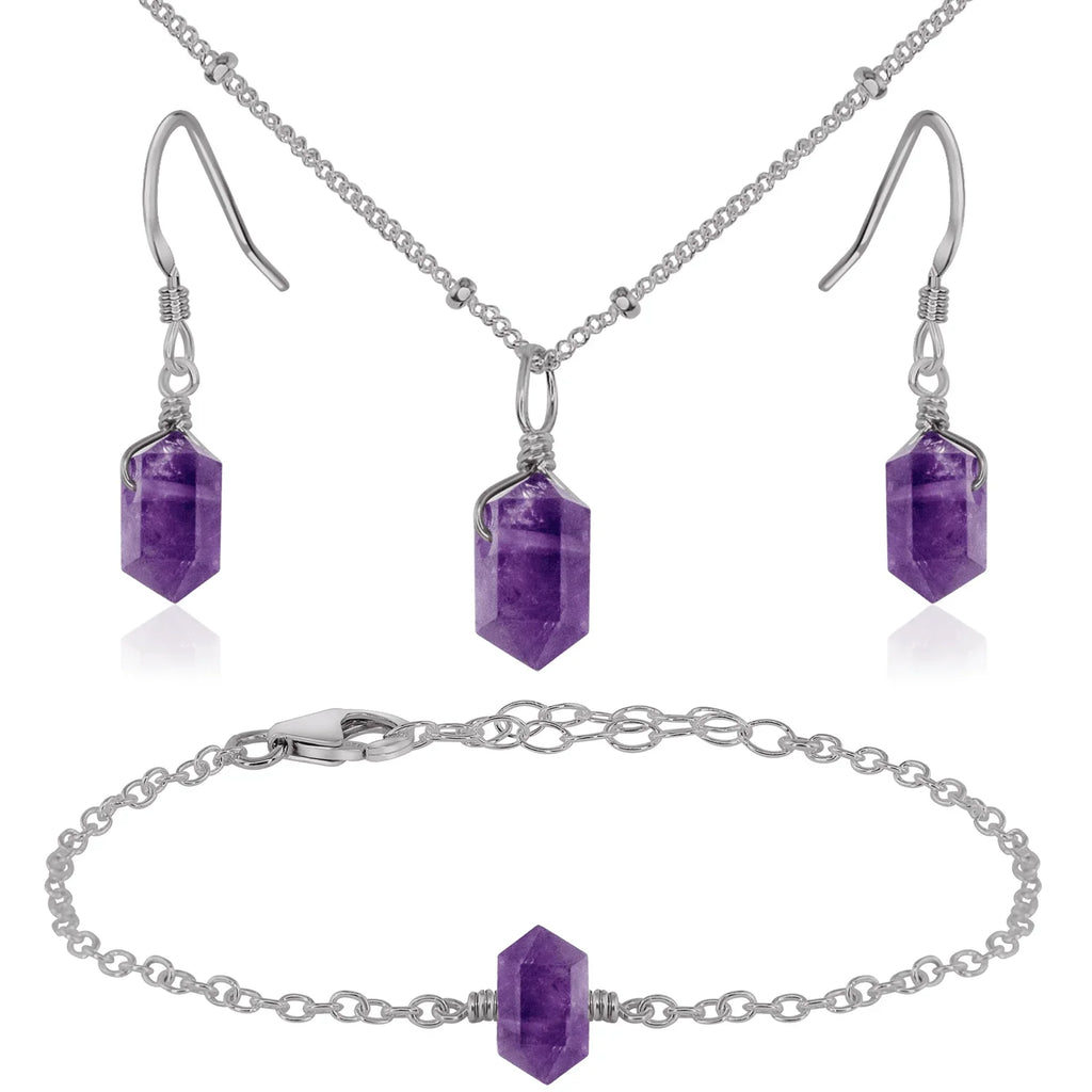 Amethyst Double Terminated Crystal Jewellery Set - Amethyst Double Terminated Crystal Jewellery Set - Stainless Steel / Necklace & Earrings & Bracelet / Satellite - Luna Tide Handmade Crystal Jewellery
