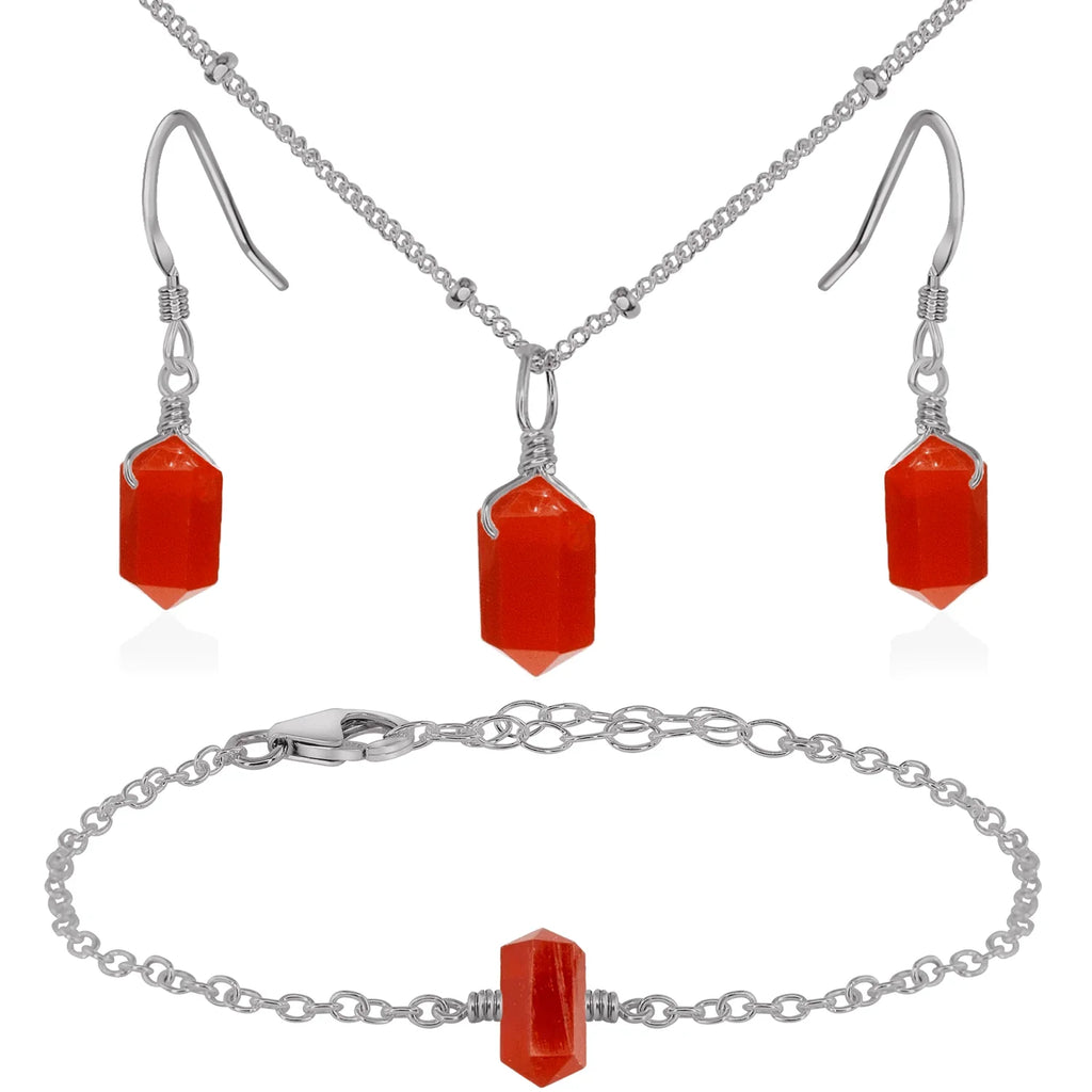 Carnelian Double Terminated Crystal Jewellery Set - Carnelian Double Terminated Crystal Jewellery Set - Stainless Steel / Necklace & Earrings & Bracelet / Satellite - Luna Tide Handmade Crystal Jewellery