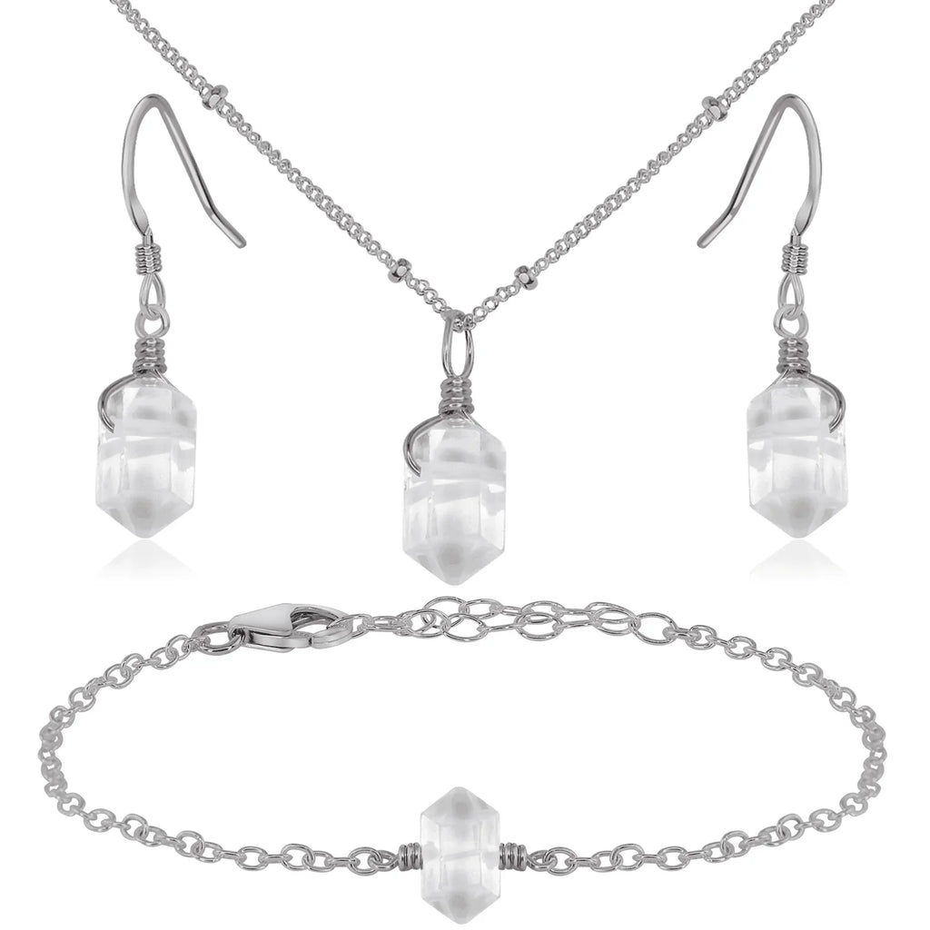 Crystal Quartz Double Terminated Jewellery Set - Crystal Quartz Double Terminated Jewellery Set - Stainless Steel / Necklace & Earrings & Bracelet / Satellite - Luna Tide Handmade Crystal Jewellery