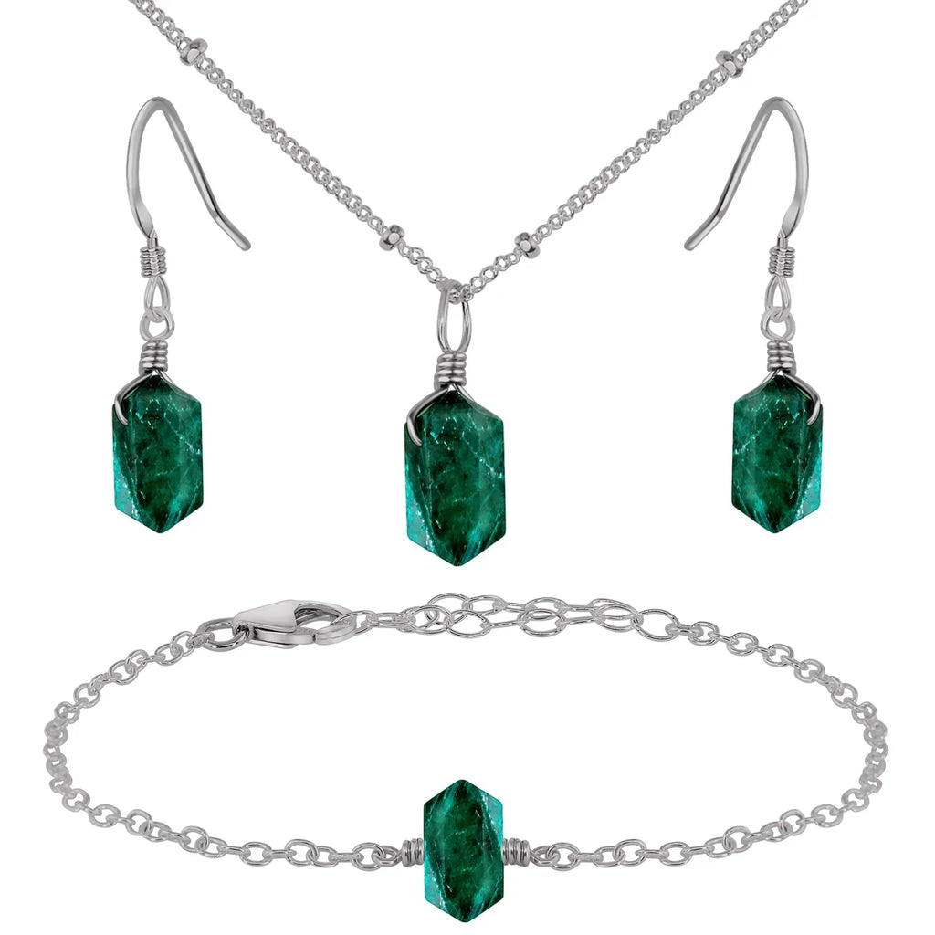 Emerald Double Terminated Crystal Jewellery Set - Emerald Double Terminated Crystal Jewellery Set - Stainless Steel / Necklace & Earrings & Bracelet / Satellite - Luna Tide Handmade Crystal Jewellery