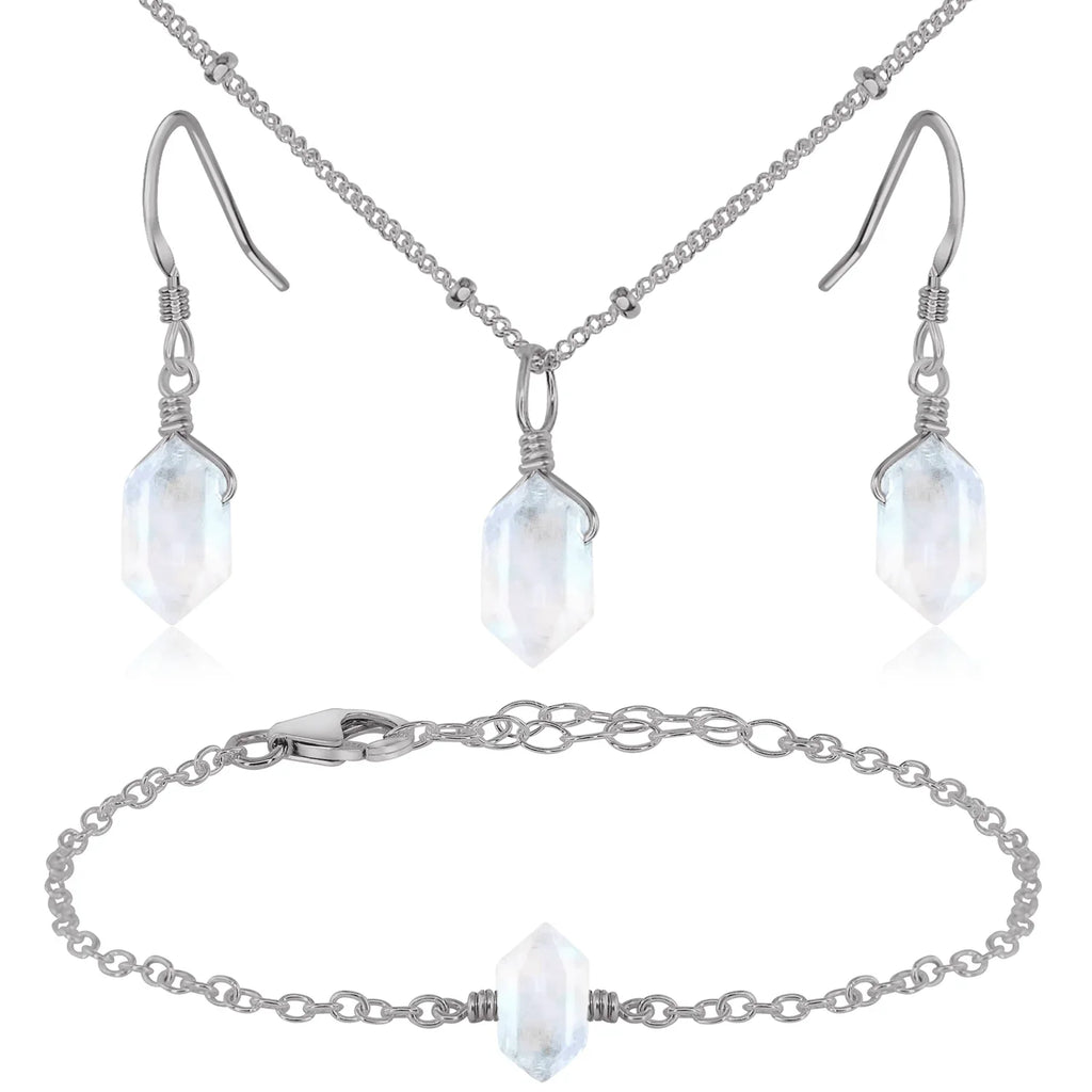 Rainbow Moonstone Double Terminated Crystal Jewellery Set - Rainbow Moonstone Double Terminated Crystal Jewellery Set - Stainless Steel / Necklace & Earrings & Bracelet / Satellite - Luna Tide Handmade Crystal Jewellery
