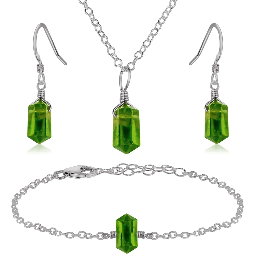 Peridot Double Terminated Crystal Jewellery Set - Peridot Double Terminated Crystal Jewellery Set - Stainless Steel / Necklace & Earrings & Bracelet / Cable - Luna Tide Handmade Crystal Jewellery