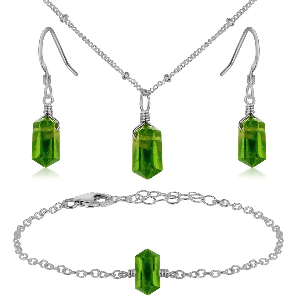 Peridot Double Terminated Crystal Jewellery Set - Peridot Double Terminated Crystal Jewellery Set - Stainless Steel / Necklace & Earrings & Bracelet / Satellite - Luna Tide Handmade Crystal Jewellery