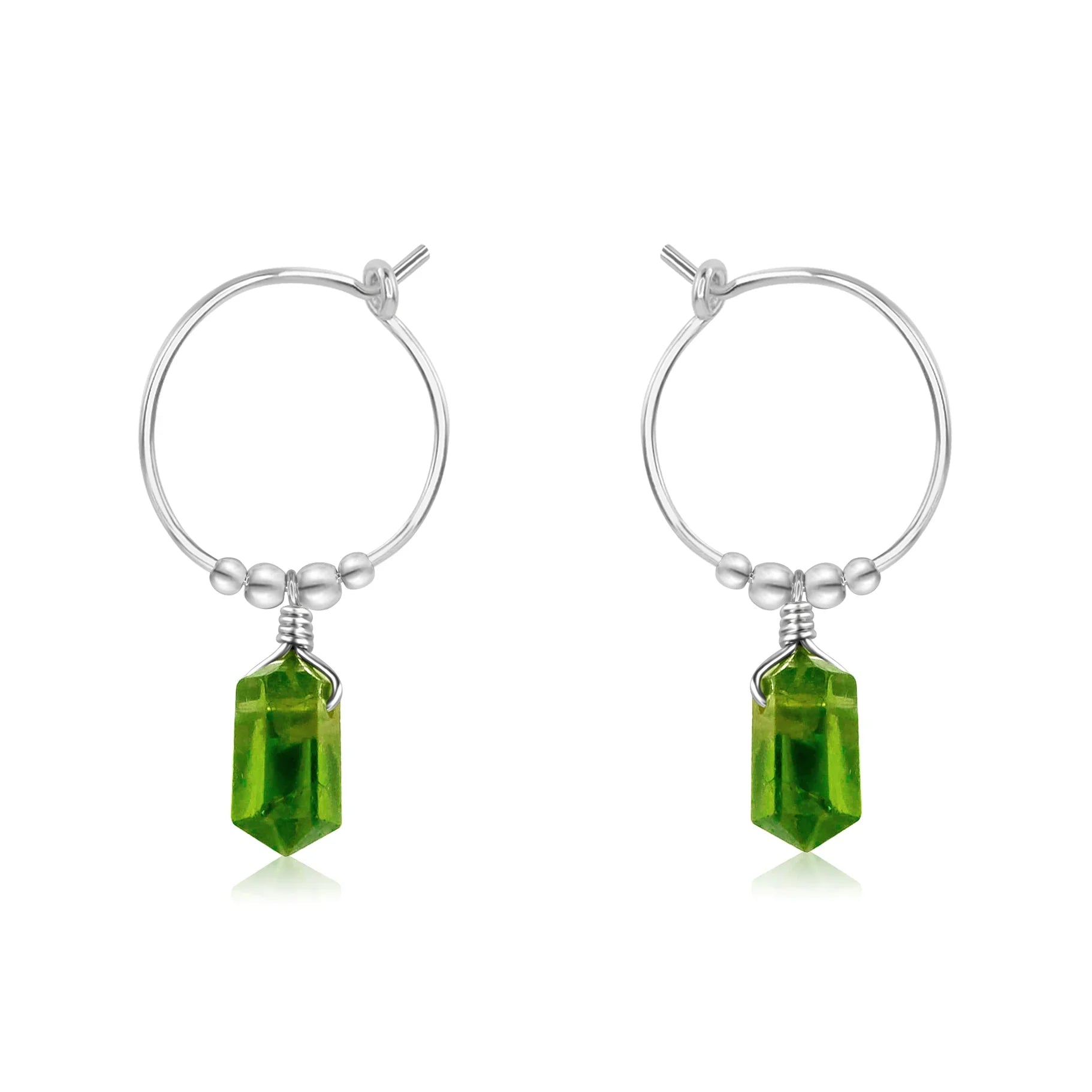 Double Terminated Peridot Mini Crystal Point Dangle Hoop Earrings