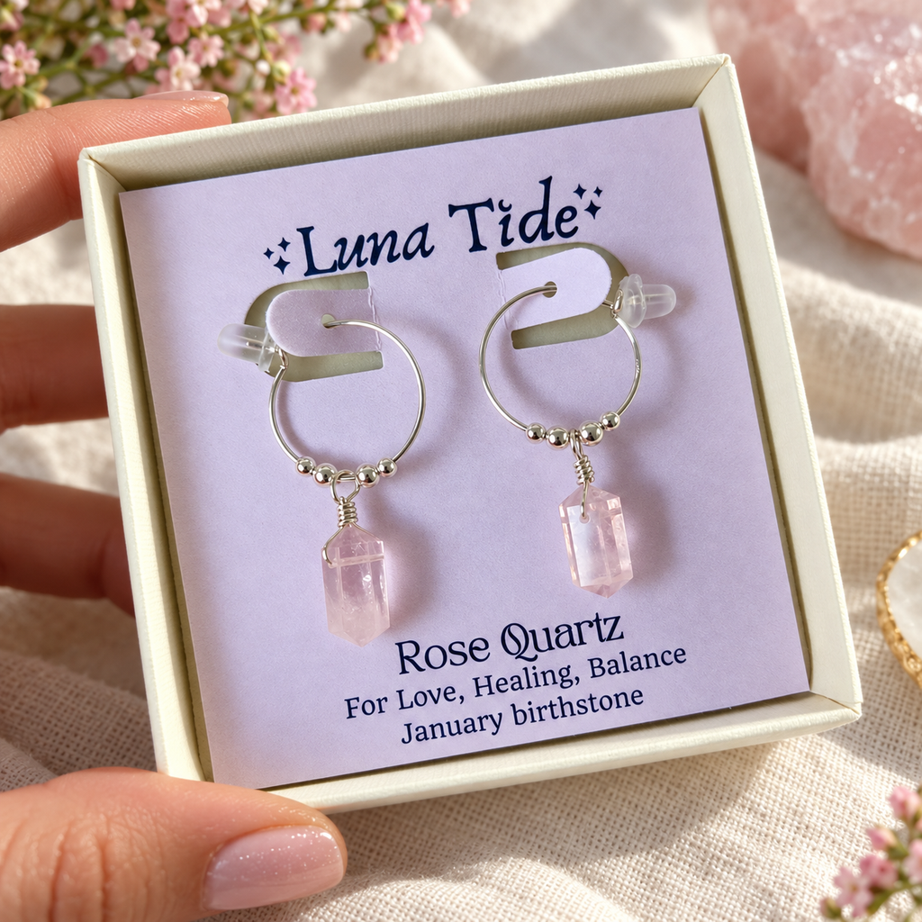 Double Terminated Rose Quartz Mini Crystal Point Dangle Hoop Earrings