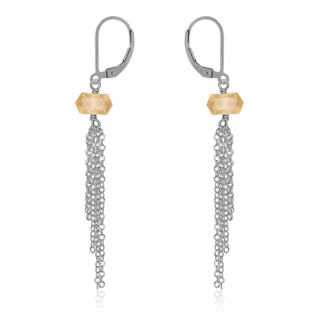 Citrine Double Terminated Crystal Point Tassel Earrings - Citrine Double Terminated Crystal Point Tassel Earrings - Stainless Steel - Luna Tide Handmade Crystal Jewellery