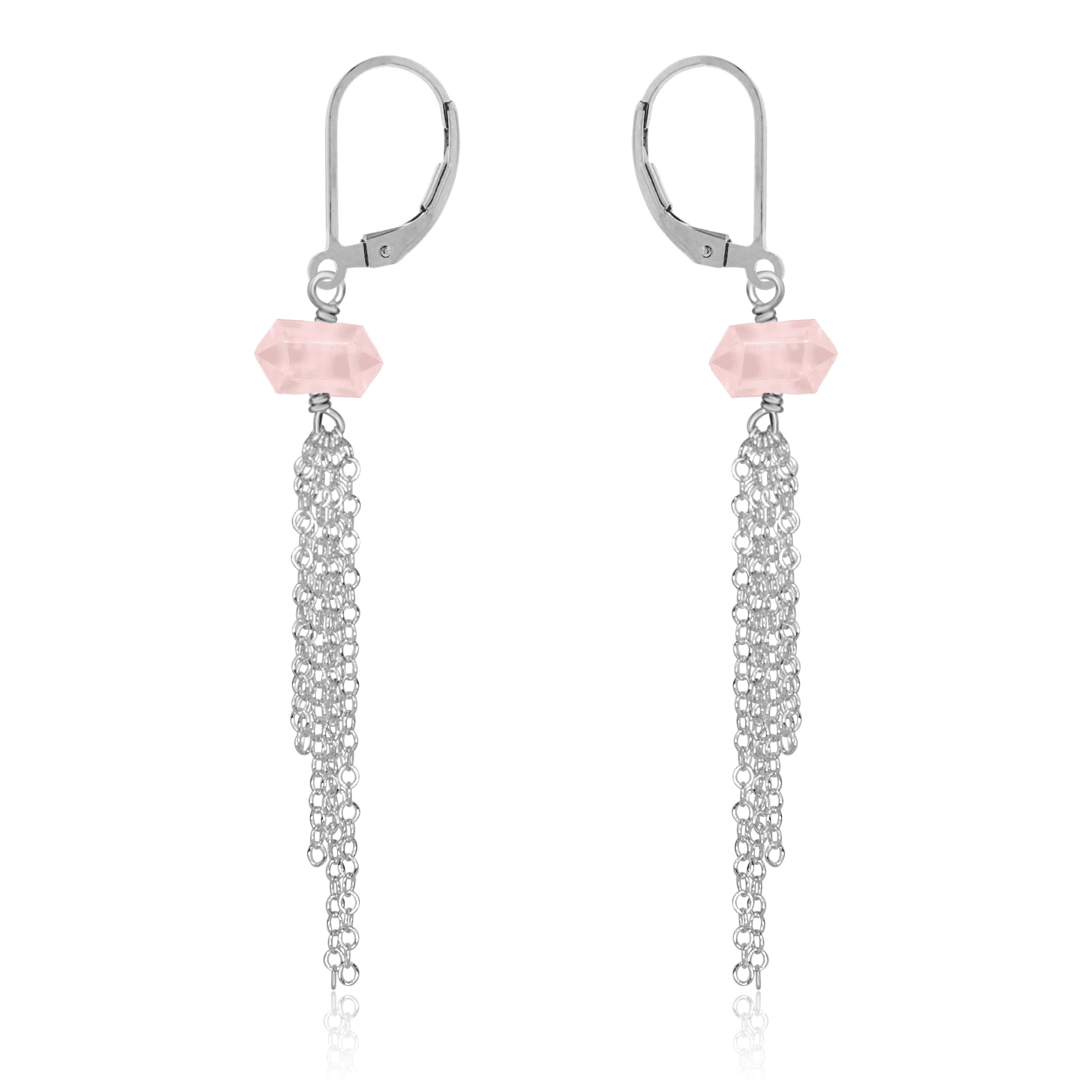 Rose Quartz Double Terminated Crystal Point Tassel Earrings - Rose Quartz Double Terminated Crystal Point Tassel Earrings - Sterling Silver - Luna Tide Handmade Crystal Jewellery