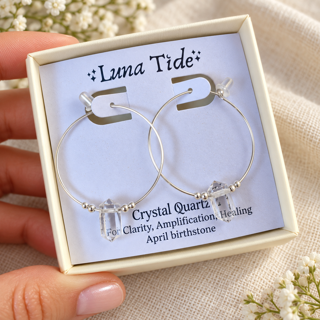 Large Hoop Crystal Quartz Double Terminated Crystal Point Earrings