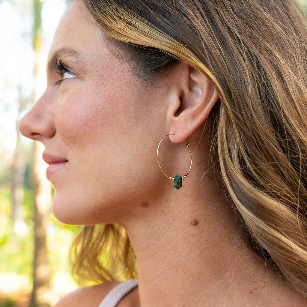 Large Hoop Emerald Double Terminated Crystal Point Earrings