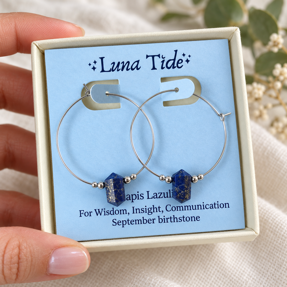 Large Hoop Lapis Lazuli Double Terminated Crystal Point Earrings