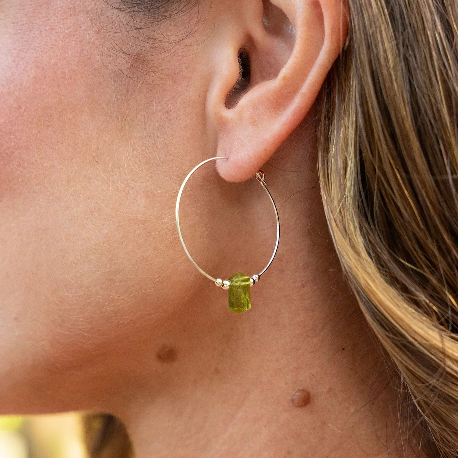 Large Hoop Peridot Double Terminated Crystal Point Earrings