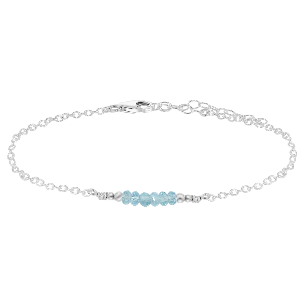 Sparkling Aquamarine Gemstone Faceted Bead Bar Anklet - Sparkling Aquamarine Gemstone Faceted Bead Bar Anklet - Sterling Silver - Luna Tide Handmade Crystal Jewellery