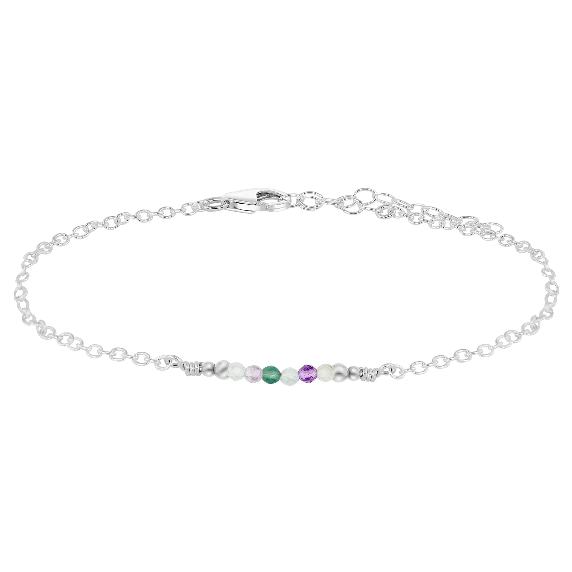 Sparkling Fluorite Gemstone Faceted Bead Bar Anklet - Sparkling Fluorite Gemstone Faceted Bead Bar Anklet - Sterling Silver - Luna Tide Handmade Crystal Jewellery