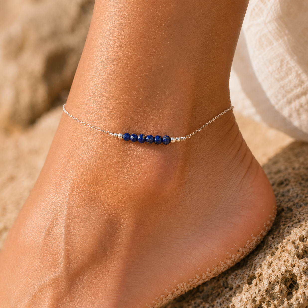 Sparkling Lapis Lazuli Gemstone Faceted Bead Bar Anklet
