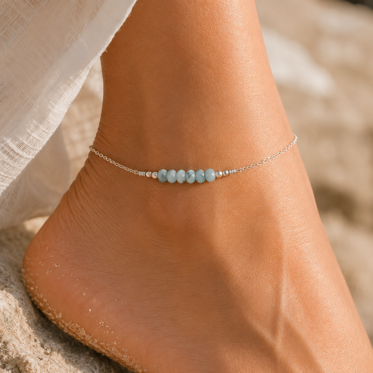 Sparkling Larimar Gemstone Faceted Bead Bar Anklet