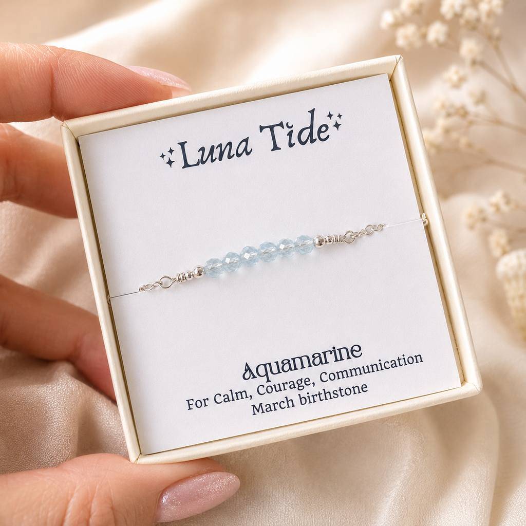 Sparkling Blue Aquamarine Gemstone Faceted Bead Bar Bracelet