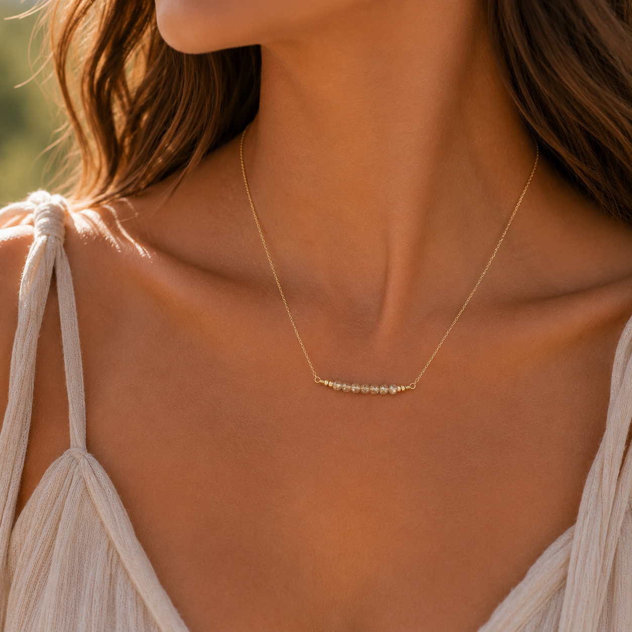 Sparkling Golden Rutilated Quartz Faceted Bead Bar Necklace