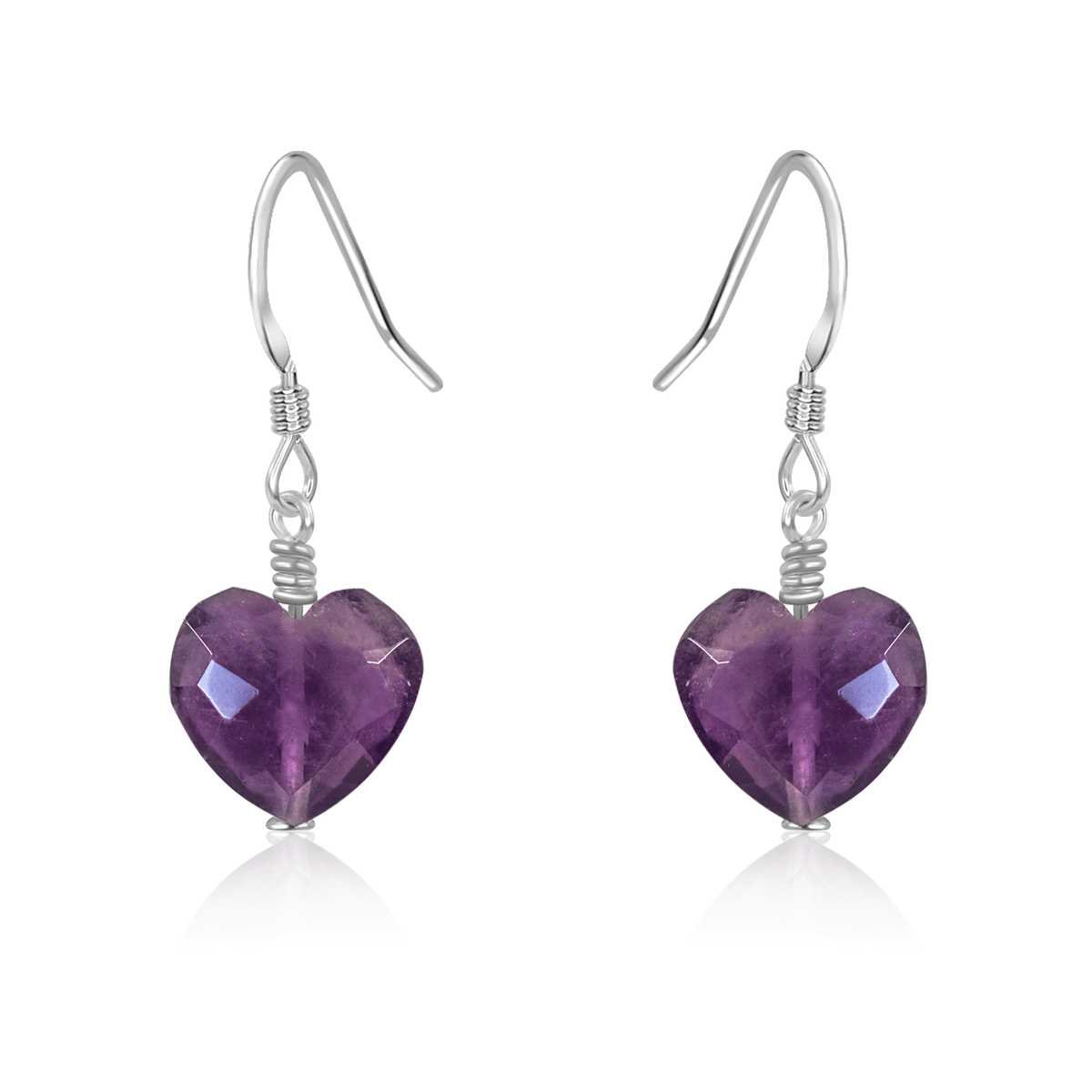Amethyst Crystal Heart Dangle Earrings - Amethyst Crystal Heart Dangle Earrings - Sterling Silver - Luna Tide Handmade Crystal Jewellery