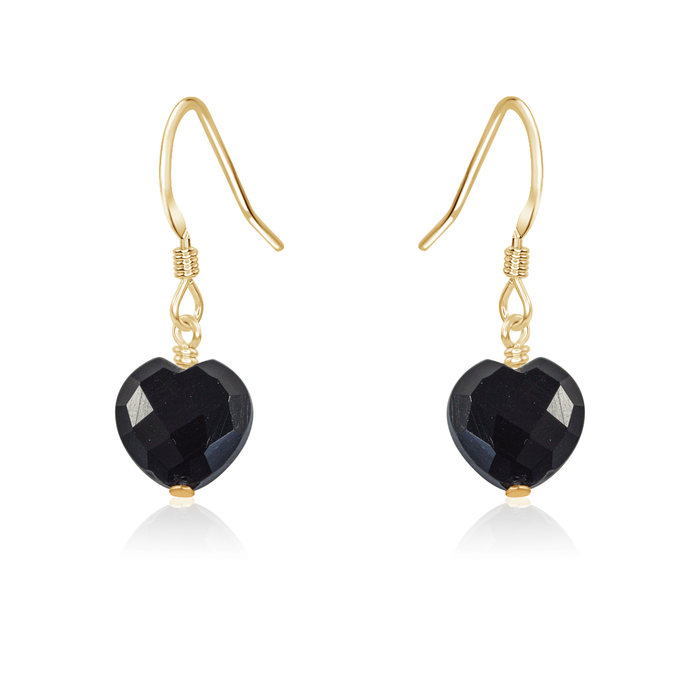 Black Onyx Crystal Heart Dangle Earrings - Black Onyx Crystal Heart Dangle Earrings - 14k Gold Fill - Luna Tide Handmade Crystal Jewellery