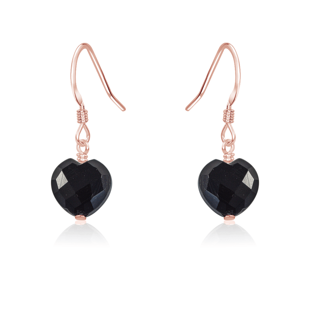 Black Onyx Crystal Heart Dangle Earrings - Black Onyx Crystal Heart Dangle Earrings - 14k Rose Gold Fill - Luna Tide Handmade Crystal Jewellery