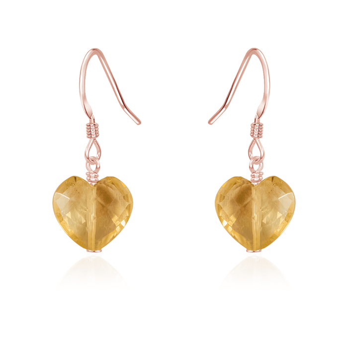 Citrine Crystal Heart Dangle Earrings - Citrine Crystal Heart Dangle Earrings - 14k Rose Gold Fill - Luna Tide Handmade Crystal Jewellery