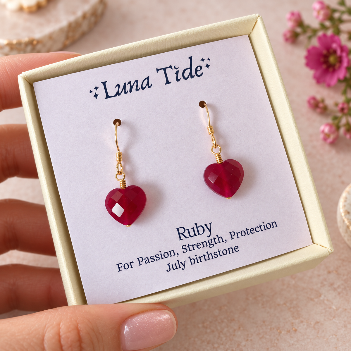 Ruby Crystal Heart Dangle Earrings