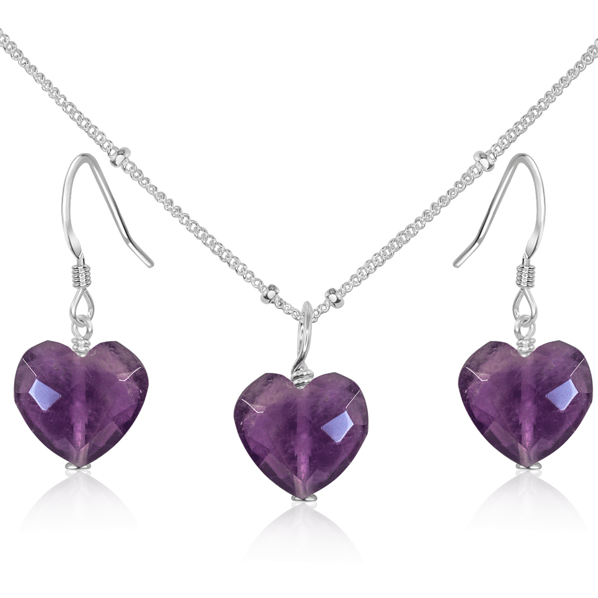 Amethyst Crystal Heart Jewellery Set - Amethyst Crystal Heart Jewellery Set - Sterling Silver / Satellite / Necklace & Earrings - Luna Tide Handmade Crystal Jewellery